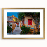 Abstract art print of Athens with muted earth tones on a framed canvas, ideal for dining room decor.