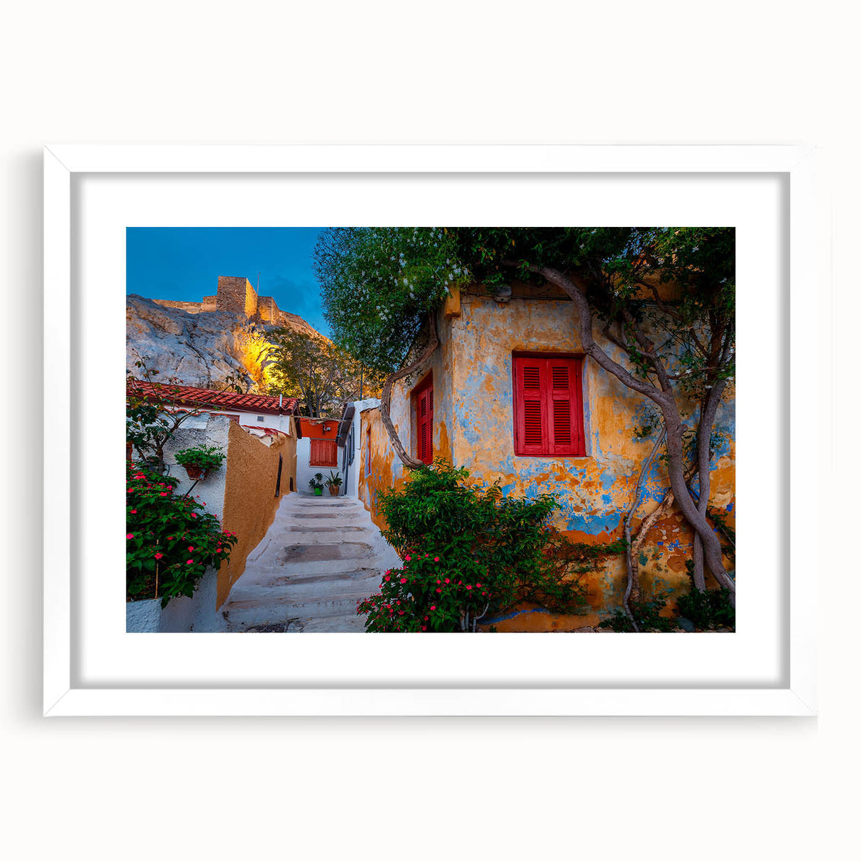 Textured abstract art print of Athens scenery in muted earth tones on a framed white mat, ideal for bedroom art.