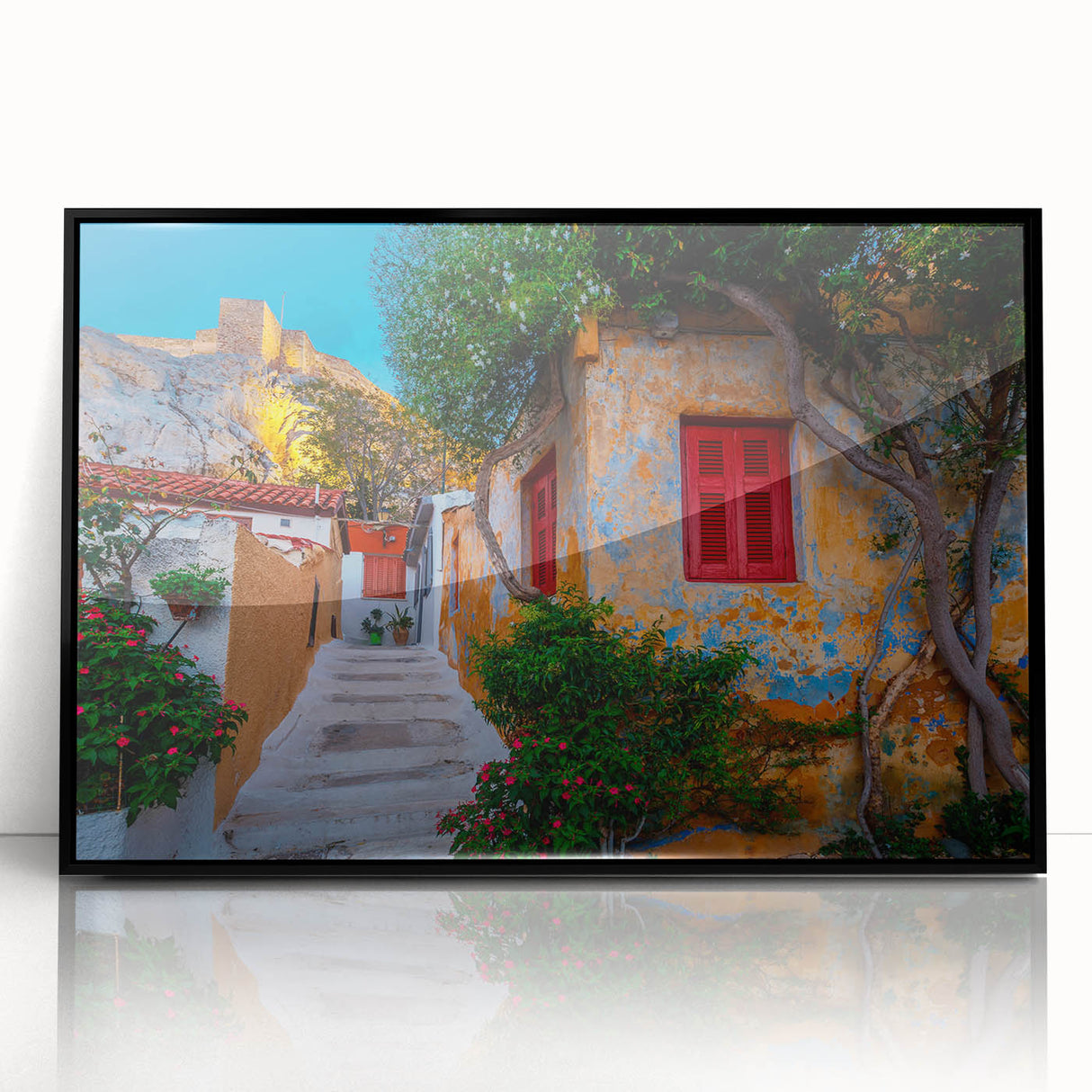 Large abstract wall art depicting the Athens skyline in muted gray tones on a framed acrylic.