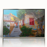 Acrylic print of Athens scenery featuring muted earth tones in a mid-century modernist style.
