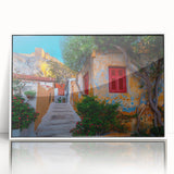 Mid-century modernist art depicting Athens scenery on a framed acrylic, featuring pastel shades.
