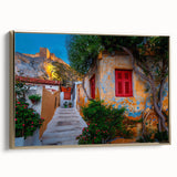 Framed canvas wall art of Athens landscape with vintage poster style in muted gold and black, ideal for bedroom decor.