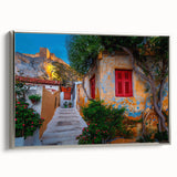 Framed canvas landscape art painting of Athens with vibrant sunset hues, ideal for living room decor.