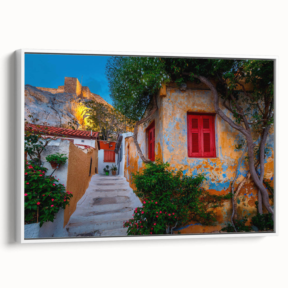 Vintage poster art of Athens, Greece in vibrant colors on a large framed canvas, suitable for living room decor.