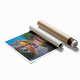 Rolled print of Athens, Greece scenery featuring pastel shades, ideal for classy bathroom wall art.