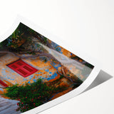 Extra large wall art featuring line art flowers over a scenery of Athens, Greece, printed on rolled canvas.