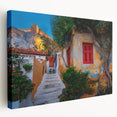 Panoramic view of Athens with muted earth tones on a stretched canvas, suitable for kitchen wall art.