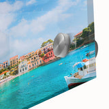 Large abstract wall art of Crete, Greece, in muted blue and white tones on acrylic glass, suitable for dining room decor.