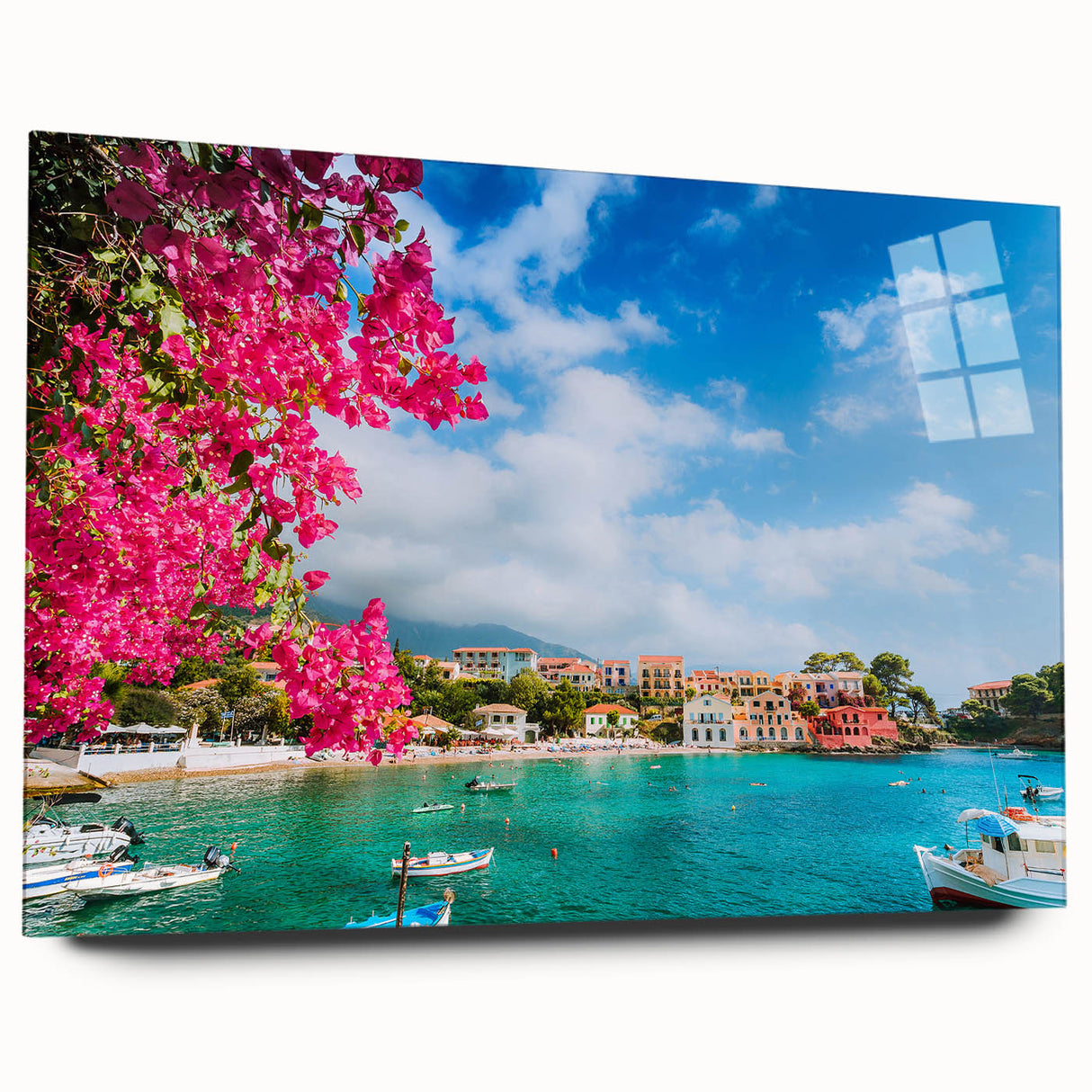 Large abstract wall art of a Crete, Greece scenery in muted blues and greens on acrylic glass.