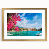 Abstract art print of a European scenery in Crete with gold frame and mat, in soft blue and white tones.