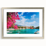 Extra large abstract art print of a European scenery in Crete, featuring textured silver frame, ideal for living room decor.