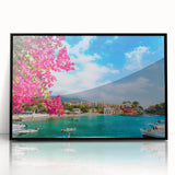 Large abstract wall art depicting a European scenery in Crete, Greece, using muted earth tones on a framed acrylic.