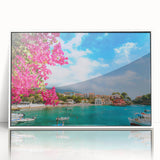 Mid-century modernist art depicting a serene Crete landscape in pastel shades on a framed acrylic print.