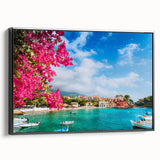Black and white wall art featuring a vintage-style landscape of Crete, Greece on framed canvas, suitable for bedroom decor.
