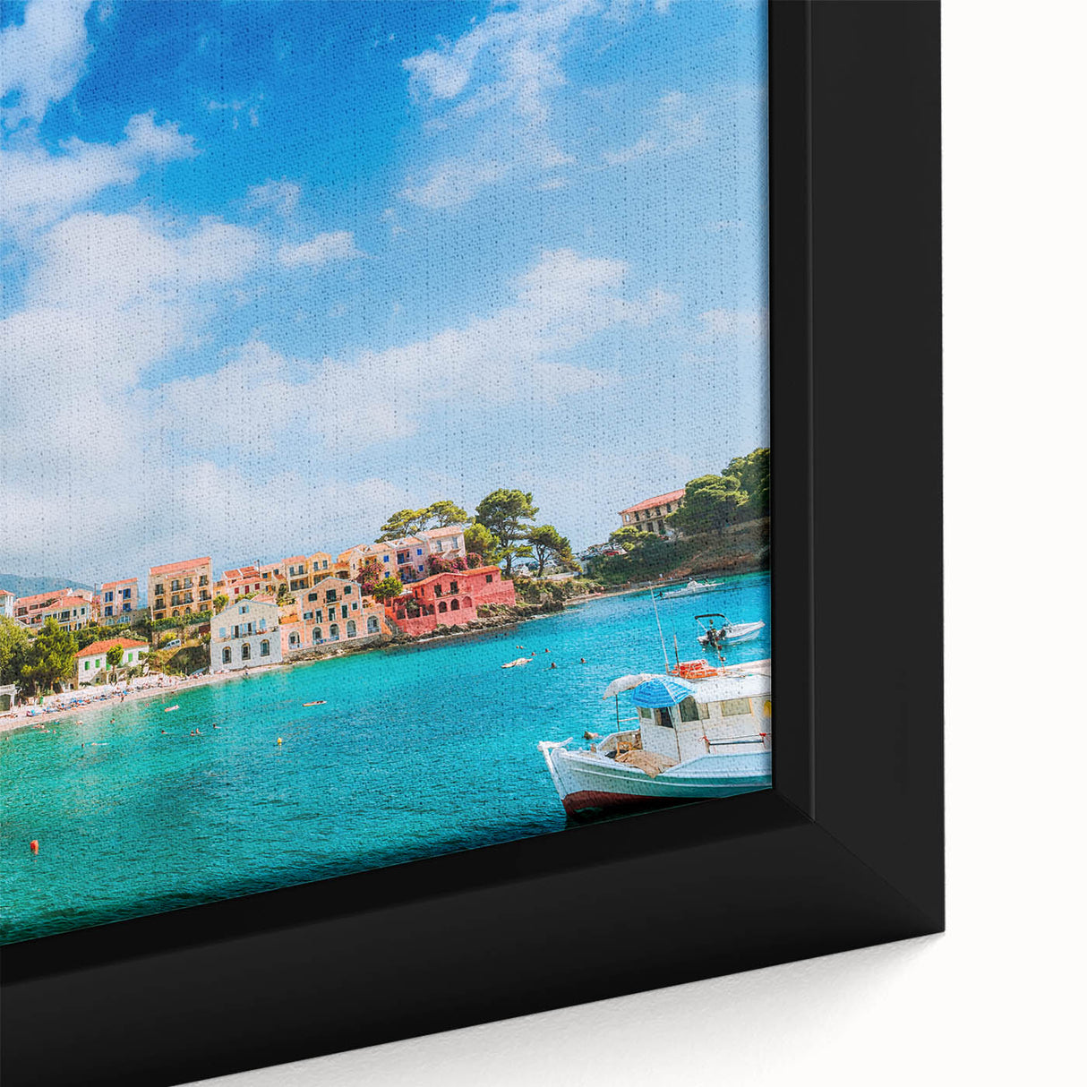 Textured black wall art depicting a European Greece-Crete scenery on framed canvas, with colorful accents.