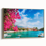 Framed canvas of a vintage-style landscape painting depicting Crete, Greece, in black and gold tones.