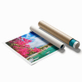 Extra large rolled print of a Crete, Greece scenery with vibrant floral foreground, ideal for classy bathroom wall art.