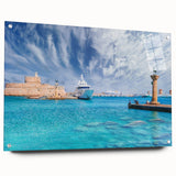 Acrylic print of a Greek Rhodes landscape with soft blue and white tones, ideal for bedroom or dining room wall art.