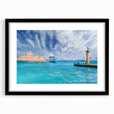 Colorful abstract art print of a European scenery, featuring vibrant hues on a textured, framed black canvas.