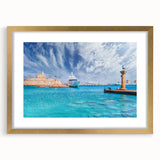 Abstract art print of a European scenery in Rhodes, Greece, with muted earth tones on a gold-framed mat.