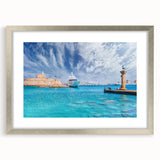 Extra large wall art of abstract Rhodes, Greece scenery in muted earth tones on a textured canvas.