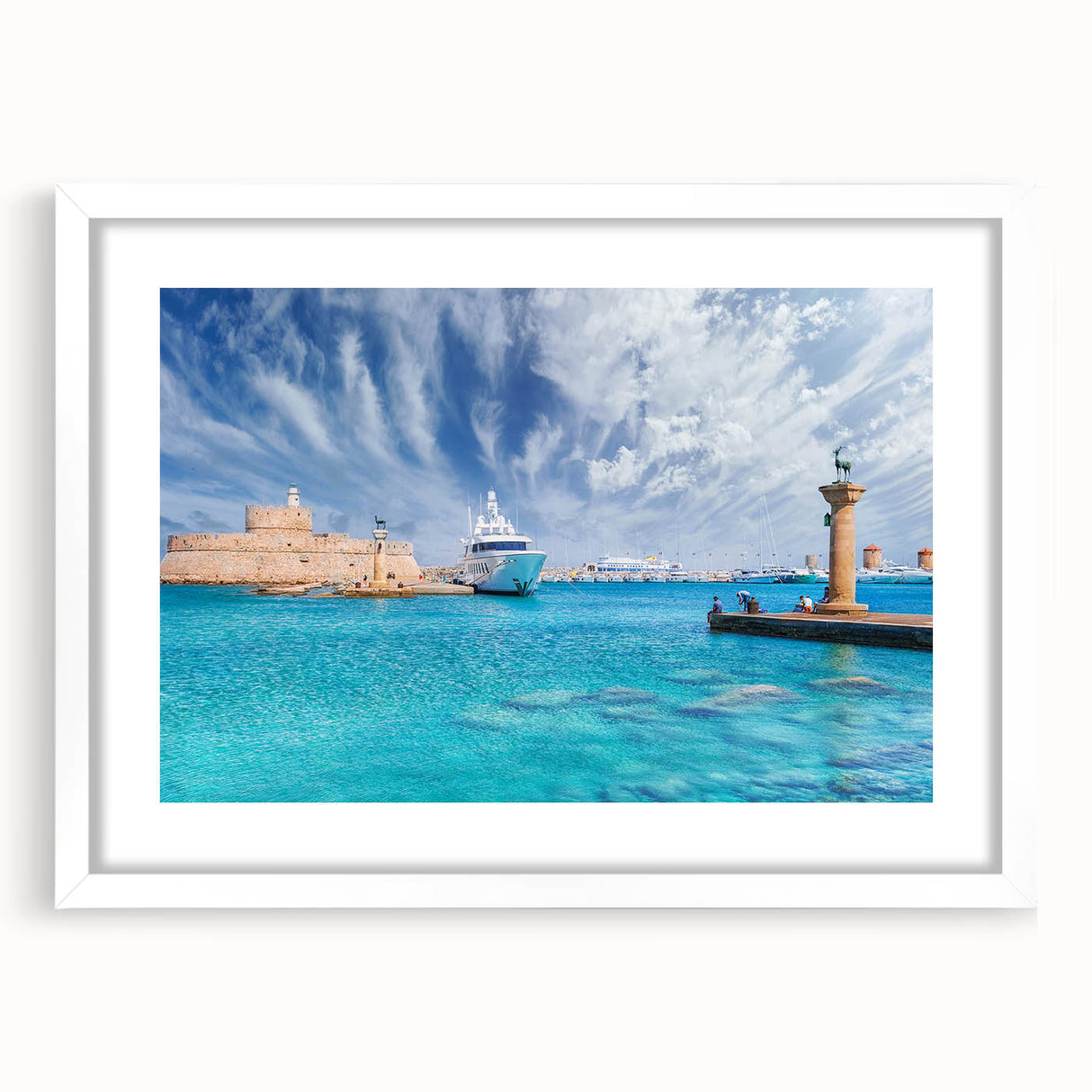 Textured abstract art print of Rhodes, Greece in muted earth tones on a white framed mat, ideal for bedroom wall decor.