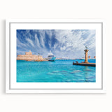 Textured abstract art print of Rhodes, Greece in muted earth tones on a white framed mat, ideal for bedroom wall decor.