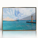 Acrylic print of Rhodes, Greece scenery in art deco style with gold frame, ideal for modern art wall decor.