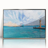 Large art print of a European scenery depicting Rhodes, Greece in muted blue tones on a silver-framed acrylic.