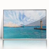 Mid-century modernist art of Rhodes, Greece in acrylic print with white frame, suitable for nursery wall art.