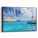 Black and white framed canvas of Rhodes landscape, ideal for bedroom decor, featuring vintage poster style.