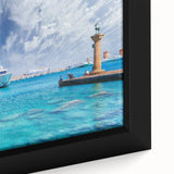 Extra large framed canvas depicting a textured black wall art scene of Rhodes, Greece, with colorful accents.