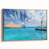 Framed canvas wall art depicting a vintage-style landscape of Rhodes, Greece, with muted gold and black tones.