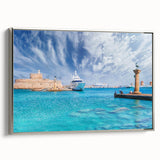 Framed canvas landscape art painting of Rhodes, Greece, featuring vintage poster art style with a black and colorful palette.