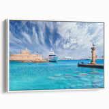 Vintage poster art of Rhodes, Greece on framed canvas, featuring colorful imagery on a black background.