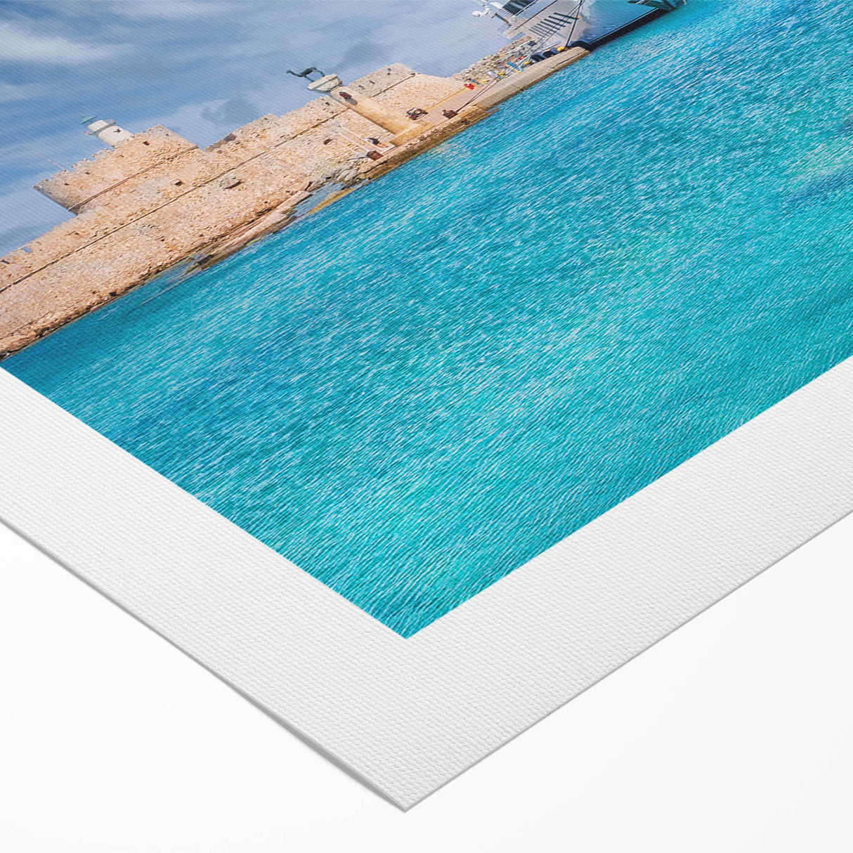 Art deco poster featuring Rhodes, Greece scenery in soft pastel shades on rolled canvas, suitable for dining room wall art.