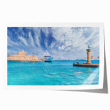 Rolled print of Rhodes, Greece scenery with vibrant blues and whites, ideal for art wall dining room.