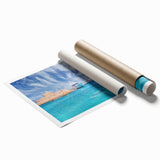 Extra large rolled print featuring a scenic view of Rhodes, Greece with vibrant blue and white tones.