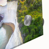 Large abstract depiction of a European Greek scene in muted earth tones on acrylic glass, ideal for dining room art.