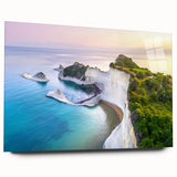 Acrylic print of a serene Greek landscape with soft blue and white tones, suitable for bedroom or dining room art.