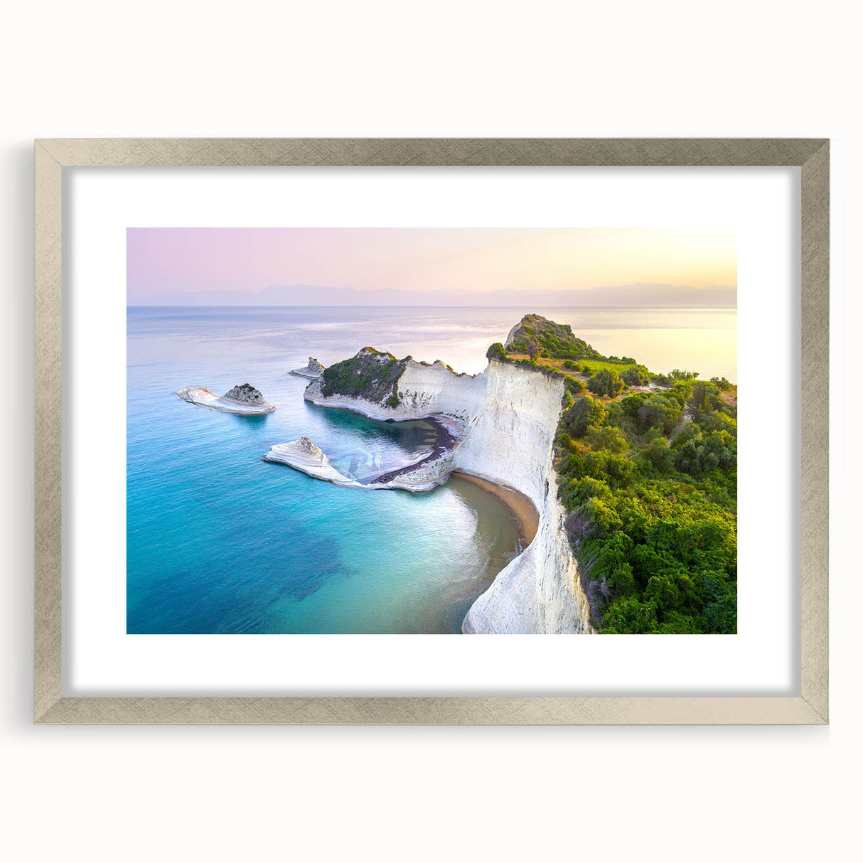 Extra large abstract art print of a European scenery in Greece, featuring textured silver frame and mat.