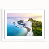 Textured abstract art print of a European scenery in Greece, with muted earth tones on a white framed mat.