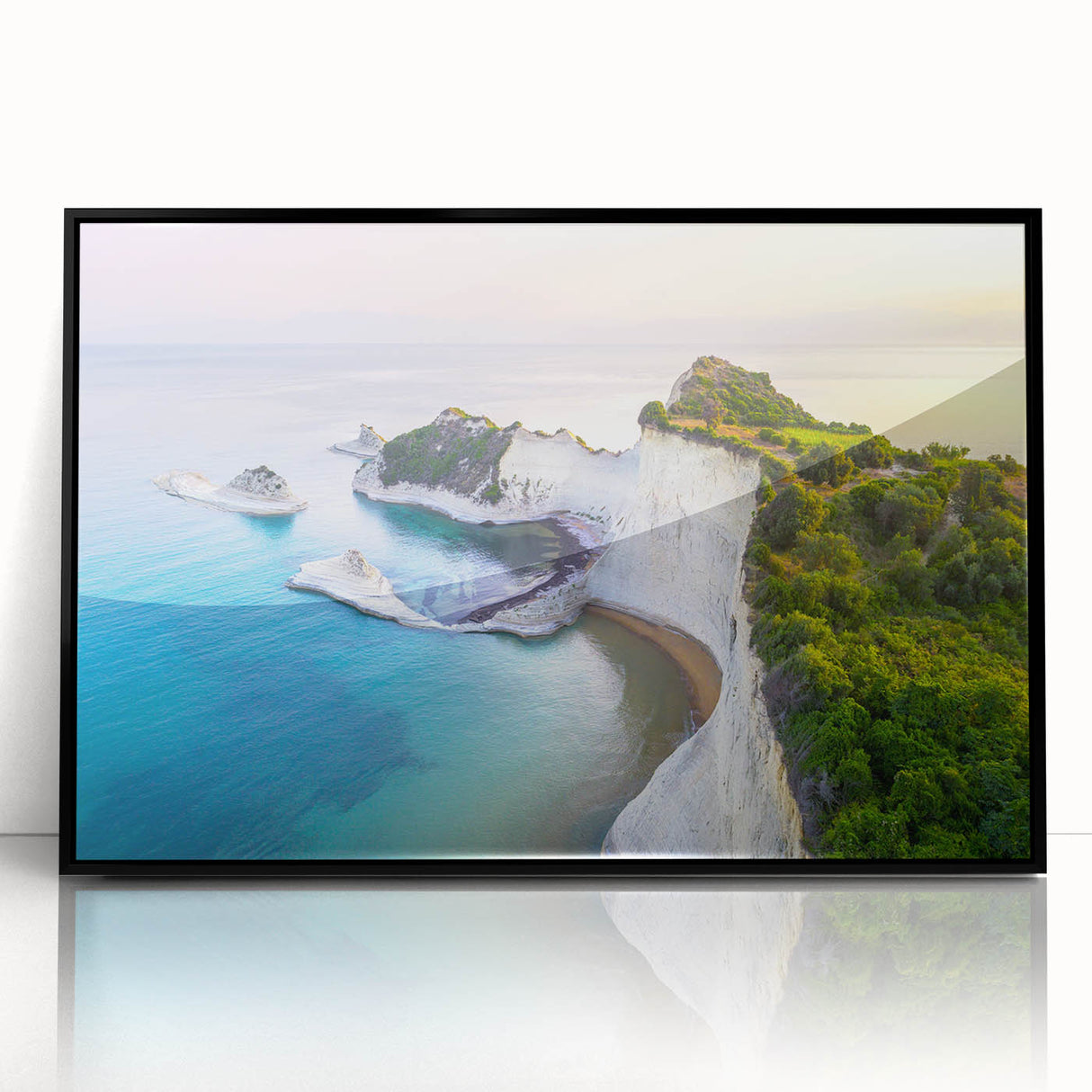Large abstract wall art depicting a European scenery, framed in black acrylic, ideal for modern living room decor.