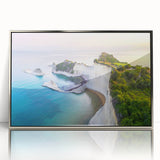 Large art print of a European Greek landscape in muted blue and white tones on framed acrylic.