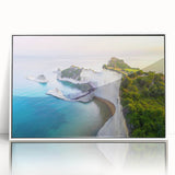 Mid-century modernist art depicting a serene Greek landscape in soft pastel tones, framed acrylic.