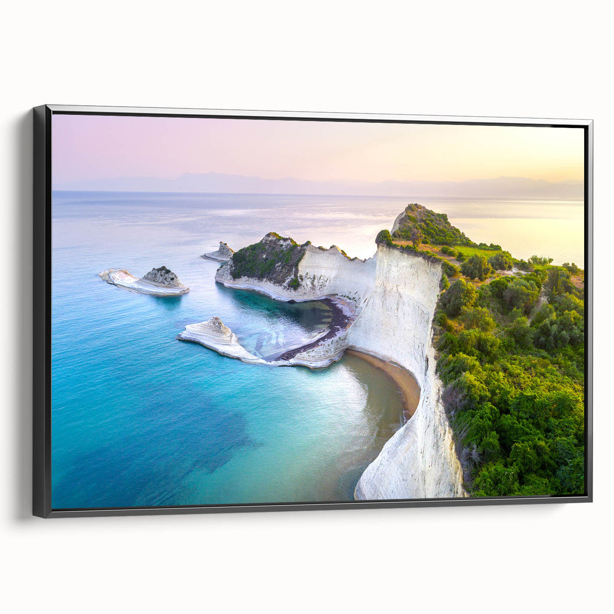 Black and white framed canvas of a vintage European landscape, ideal for bedroom decor.