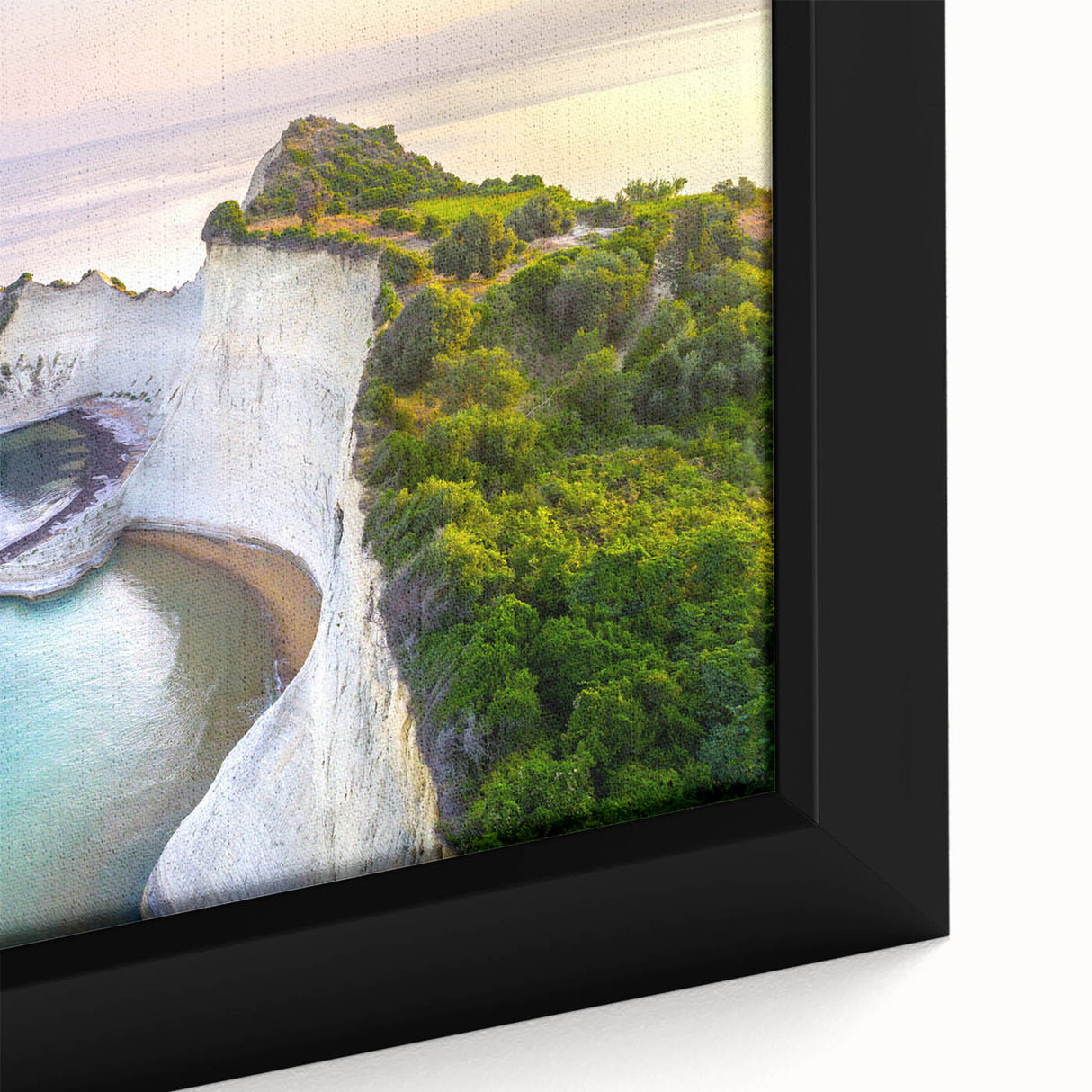 Extra large framed canvas featuring a colorful, textured depiction of a Greek landscape in black.
