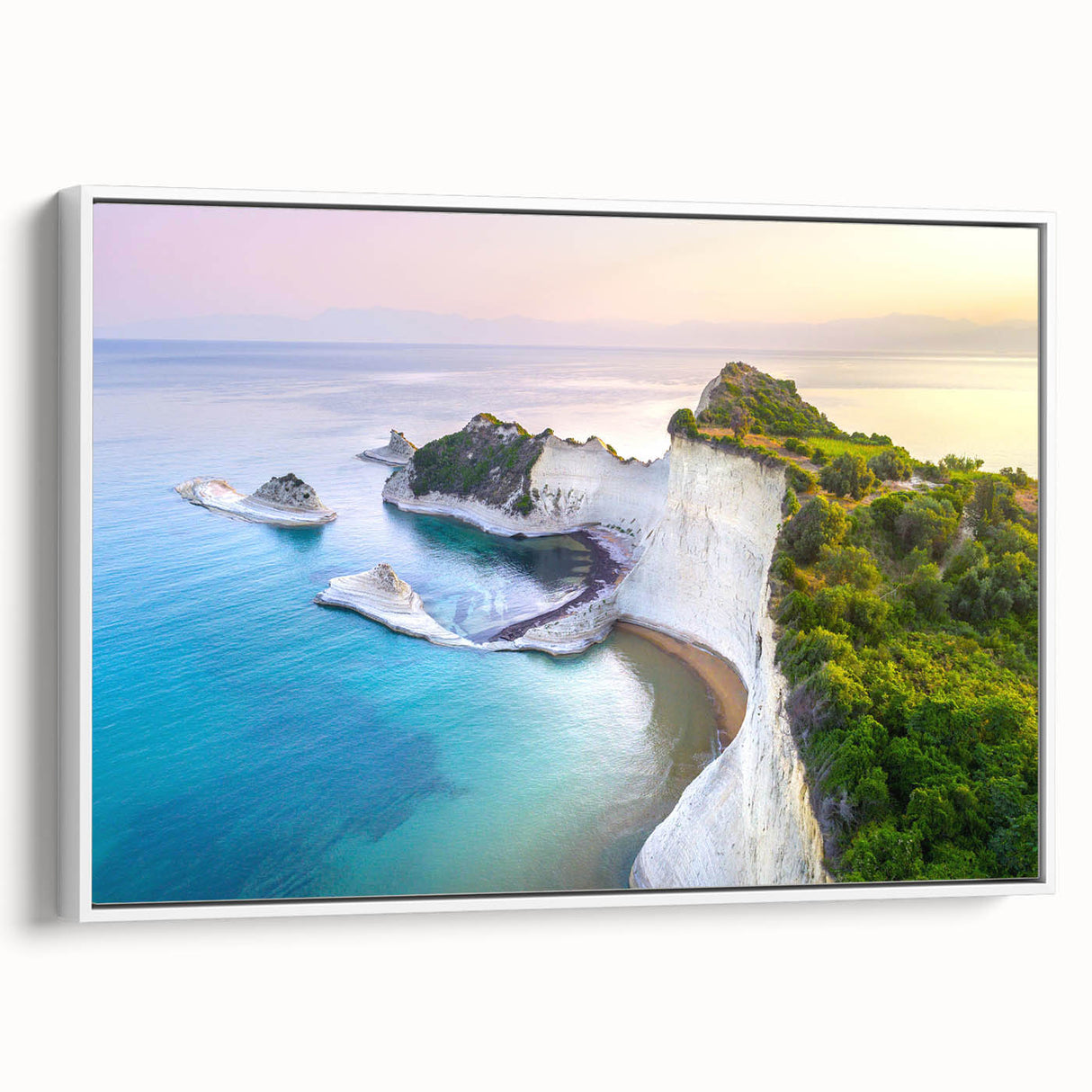 Vintage poster art of a scenic European village in Greece, featuring colorful buildings on framed canvas.