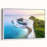 Vintage poster art of a scenic European village in Greece, featuring colorful buildings on framed canvas.