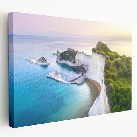 Large art print of a European scenery in Greece, in muted earth tones on stretched canvas, ideal for kitchen wall decor.